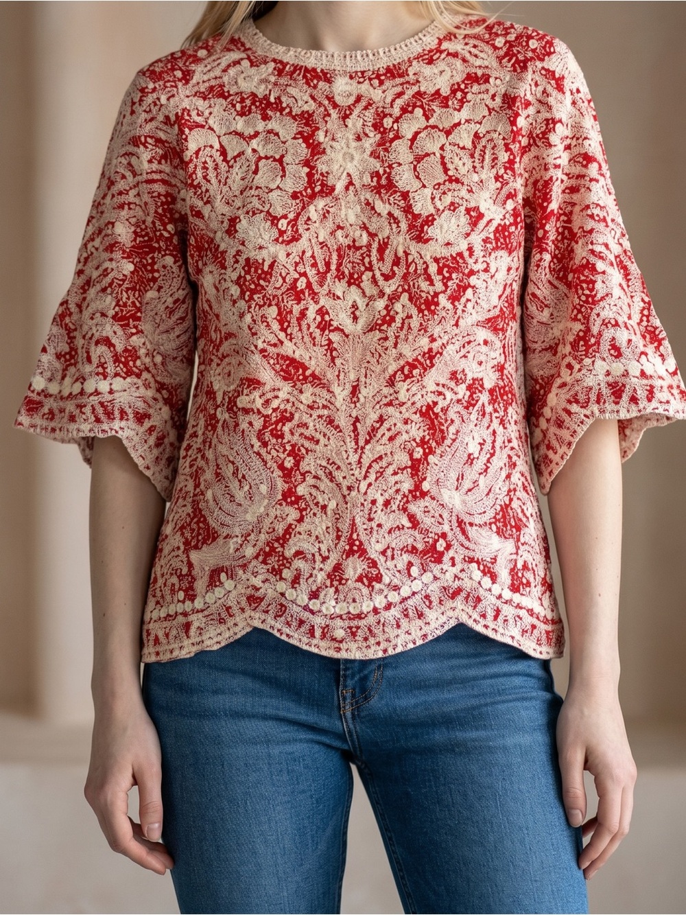 Solitaire Red White Lace Embroidered Top Boho Blouse ( XS / S approx.)